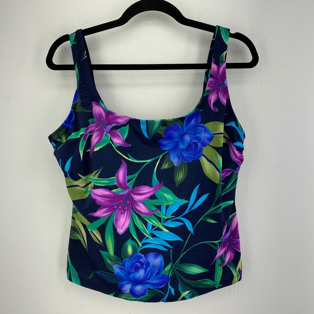 Longitude Womens 14 Floral Tankini Top Tropical Built-in Bra Resort Vacation